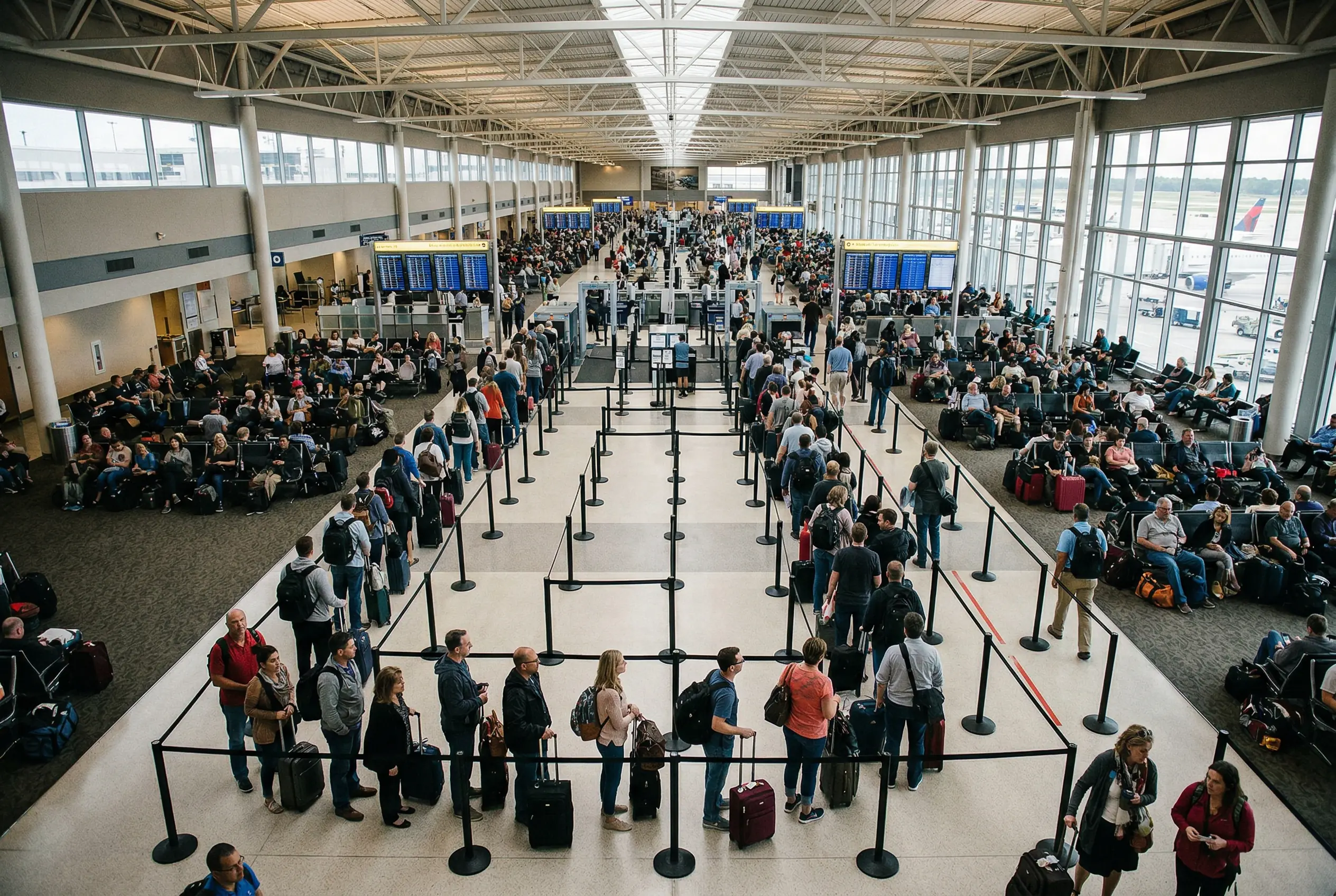 Crowded commercial airport terminal with long security queues